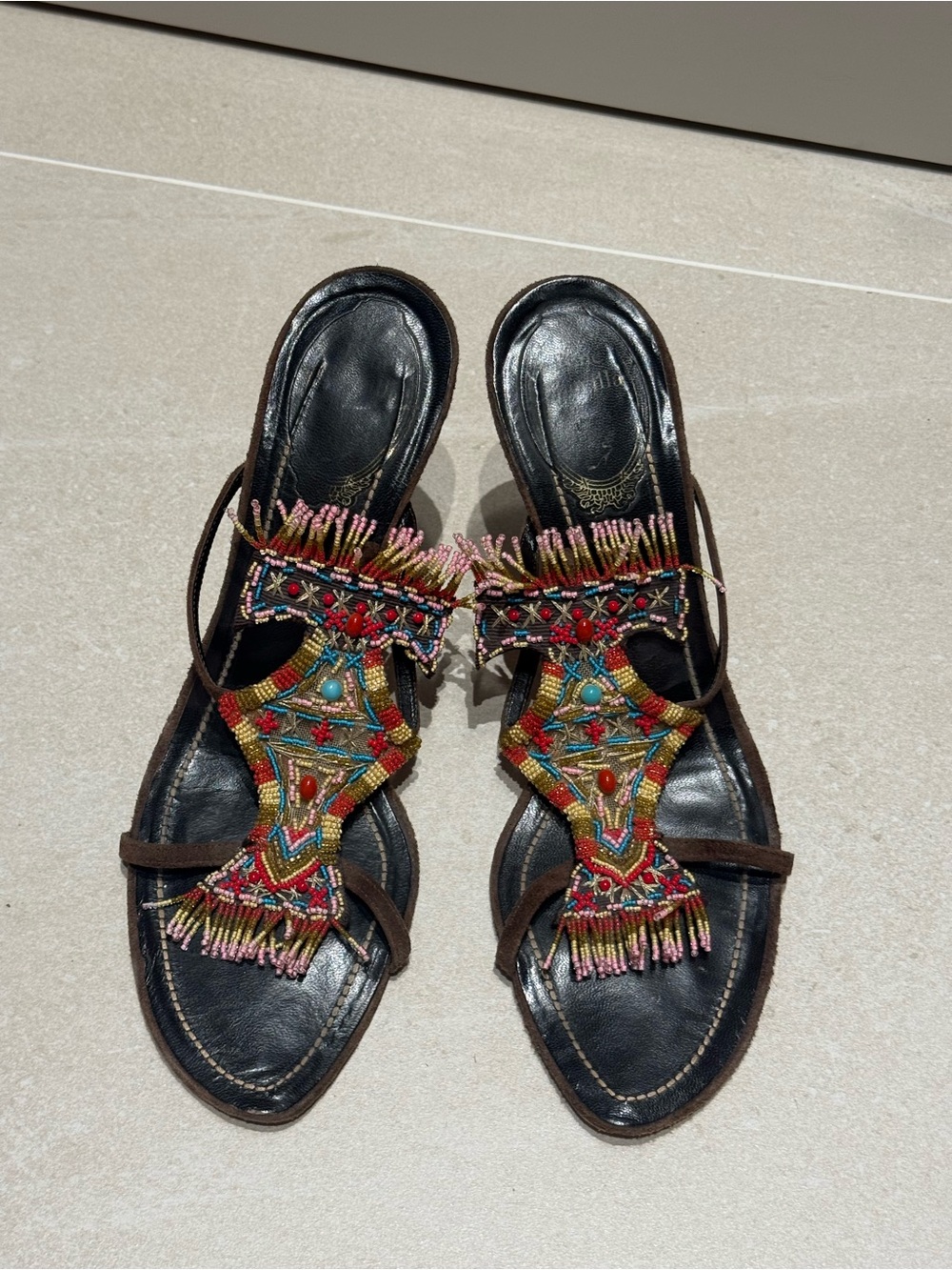 Rene Caovilla Black Leather Sandals with Multicolor Beaded Fringe